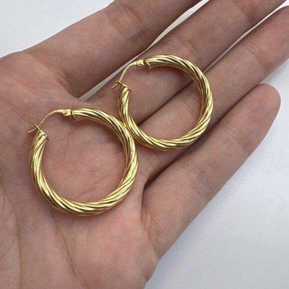 Gold Over Sterling Silver 925 Twist Hoop Earrings Hinged Posts 1.25" Diameter - Picture 7 of 9